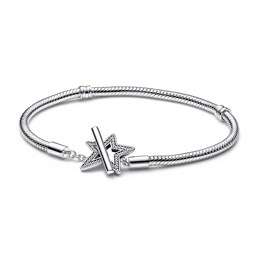 Snake chain sterling silver star toggle bracelet with clear