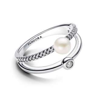 Treated Freshwater Cultured Pearl & Pavé Double Band Ring 