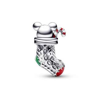 Christmas mouse in a sock sterling silver charm with red, white, dark green and dusty pink enamel 