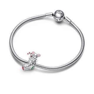 Christmas mouse in a sock sterling silver charm with red, white, dark green and dusty pink enamel 