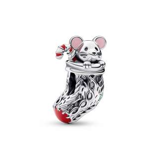 Christmas mouse in a sock sterling silver charm with red, white, dark green and dusty pink enamel 