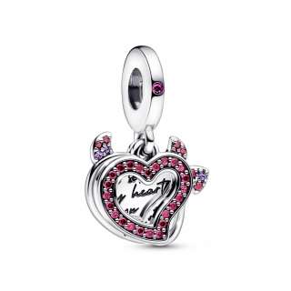 Devil heart sterling silver dangle with red cubic zirconia and royal purple crystal