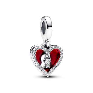 Двостран висечки приврзок во облик на срце со катанец од чисто сребро со проѕирни циркони и црвен емајл 