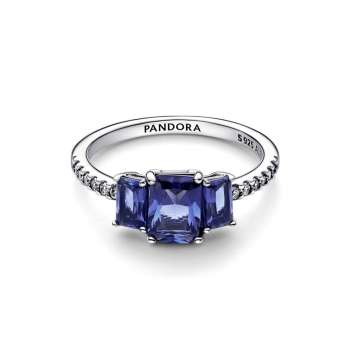 Sterling silver ring with princess blue crystal and clear cubic zirconia 