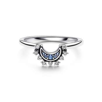 Celestial moon sterling silver ring with night blue crystal and clear cubic zirconia 