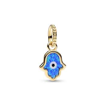 Hamsa hand 14k gold-plated dangle with deep blue and white lab-created opal and black man-made composite 