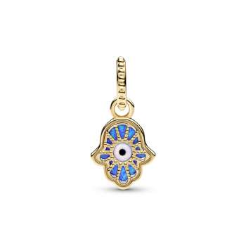 Hamsa hand 14k gold-plated dangle with deep blue and white lab-created opal and black man-made composite 