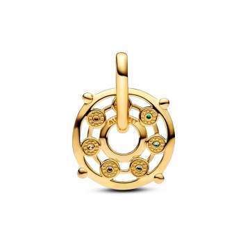 Chakra wheel 14k gold-plated medallion with red cubic zirconia, royal green, sunrise yellow, icy green, stellar blue, royal purple and burnt 