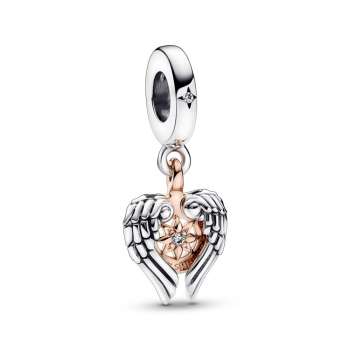 Angle wings and compass sterling silver and 14k rose gold-plated dangle with clear cubic zirconia 