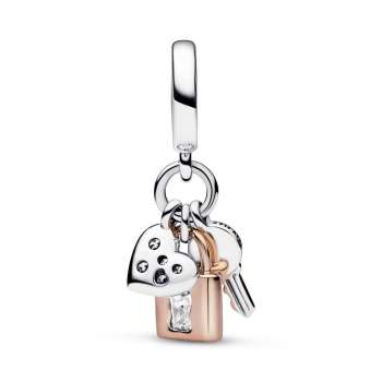 Padlock, key and heart sterling silver and 14k rose gold-plated dangle with clear cubic zirconia and black enamel 