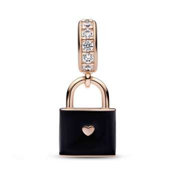 Padlock 14k rose gold-plated dangle with clear cubic zirconia and black enamel 