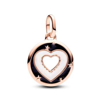 Медаљон во облик на срце од 14к розе позлата со вештачки бисер и светкав црн емајл 