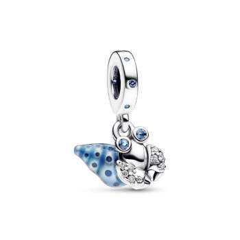 Hermit crab sterling silver dangle with stellar blue, icy green crystal, clear cubic zirconia and blue glow-in-the-dark ena 