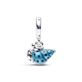 Hermit crab sterling silver dangle with stellar blue, icy green crystal, clear cubic zirconia and blue glow-in-the-dark ena 