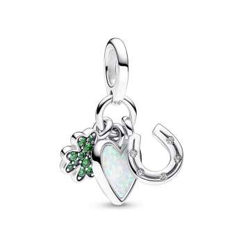 Four Leaf Clover, Heart and Horseshoe Triple Dangle Charm 