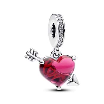 Red Heart & Arrow Murano Glass Dangle Charm 