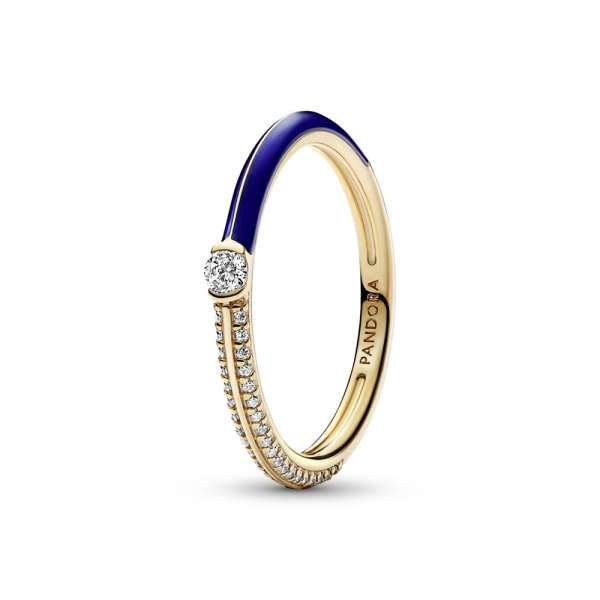 14k gold-plated ring with blue enamel and clear cubic zirconia 