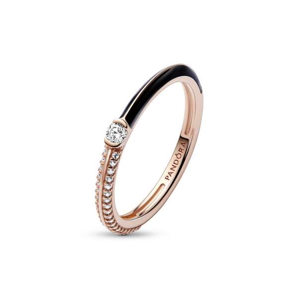 14k Rose gold-plated ring with clear cubic zirconia and black enamel 