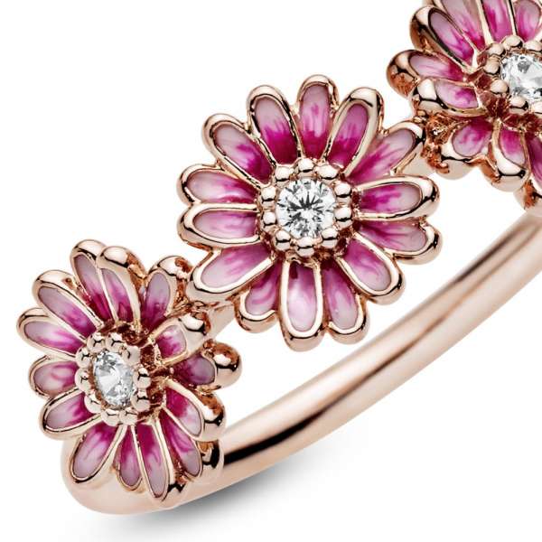 Pink Daisy Flower Trio Ring 