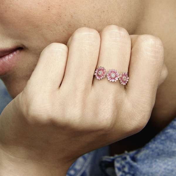 Pink Daisy Flower Trio Ring 