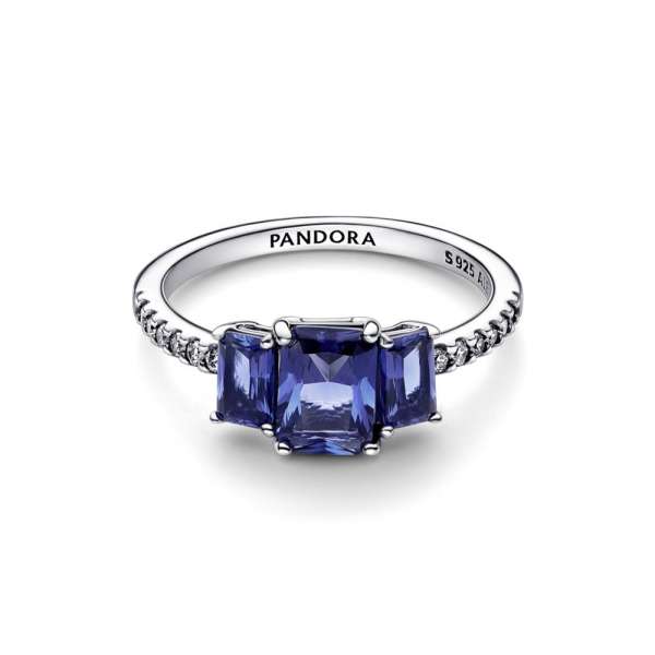 Sterling silver ring with princess blue crystal and clear cubic zirconia 