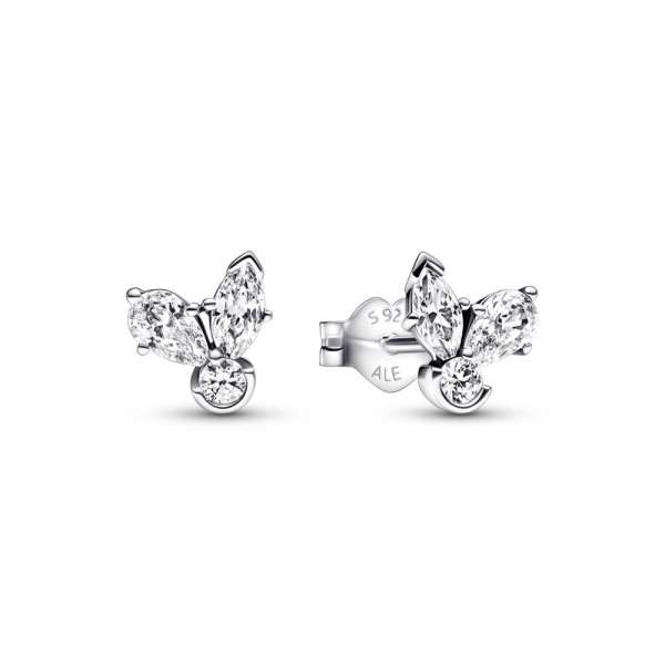Herbarium cluster sterling silver stud earrings with clear cubic zirconia
