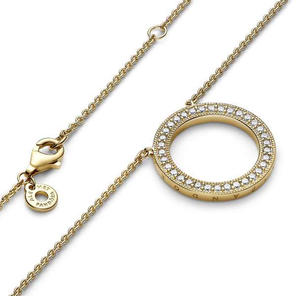 Pandora Signature Pavé & Hearts Circle Pendant Necklace 