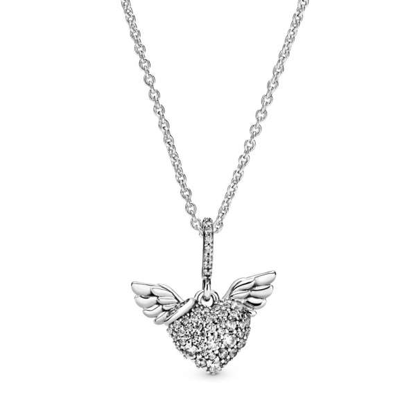 Pavé Heart and Angel Wings Necklace 