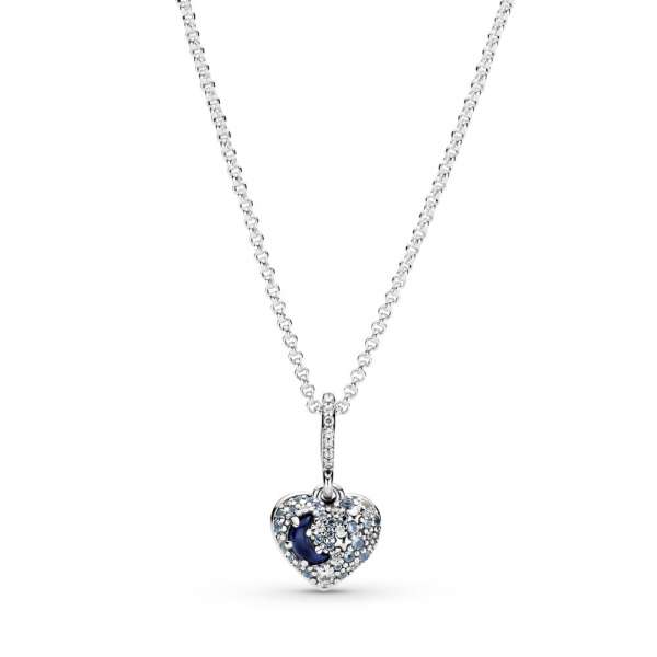 Sparkling Blue Moon & Stars Heart Necklace 