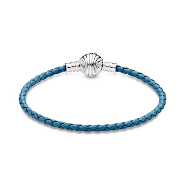 Pandora Moments Seashell Clasp Turquoise Braided Leather Bracelet 