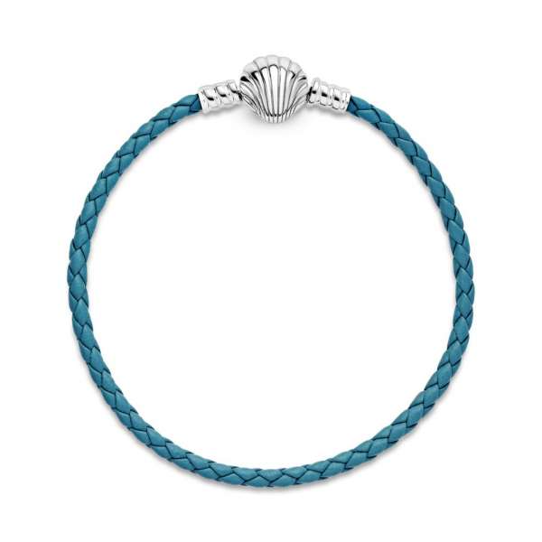 Pandora Moments Seashell Clasp Turquoise Braided Leather Bracelet 