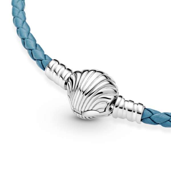 Pandora Moments Seashell Clasp Turquoise Braided Leather Bracelet 