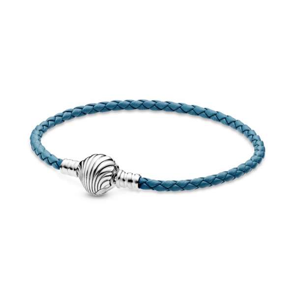 Pandora Moments Seashell Clasp Turquoise Braided Leather Bracelet 