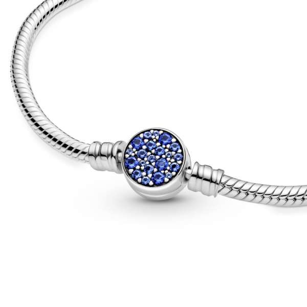 Pandora Moments Sparkling Blue Disc Clasp Snake Chain Bracelet 