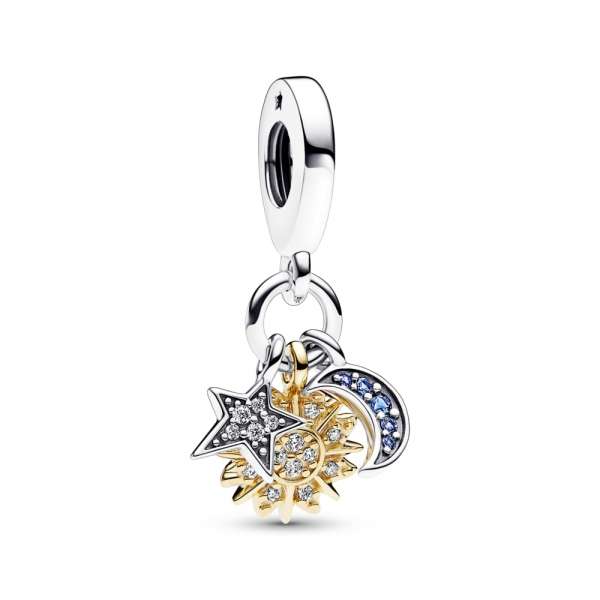 Celestial sterling silver and 14k gold-plated triple dangle with night blue crystal and clear cubic zirconia 
