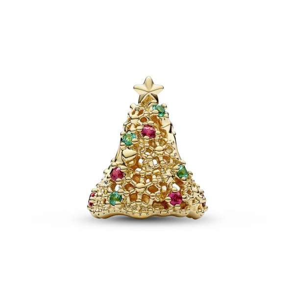 Christmas tree 14k gold-plated charm with aqua green crystal and red cubic zirconia 