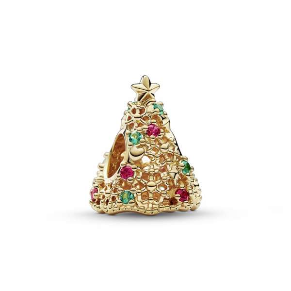 Christmas tree 14k gold-plated charm with aqua green crystal and red cubic zirconia 