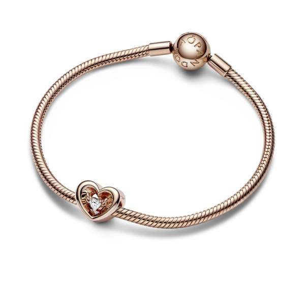 Open heart 14k rose gold-plated charm with clear cubic zirconia 