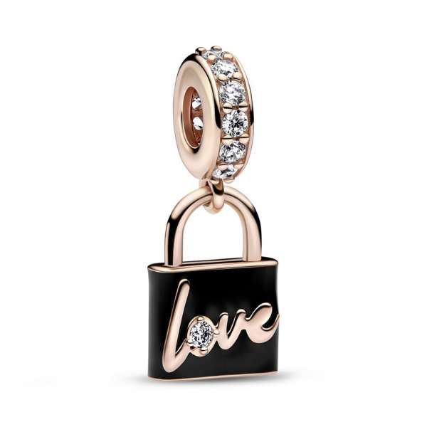 Padlock 14k rose gold-plated dangle with clear cubic zirconia and black enamel 