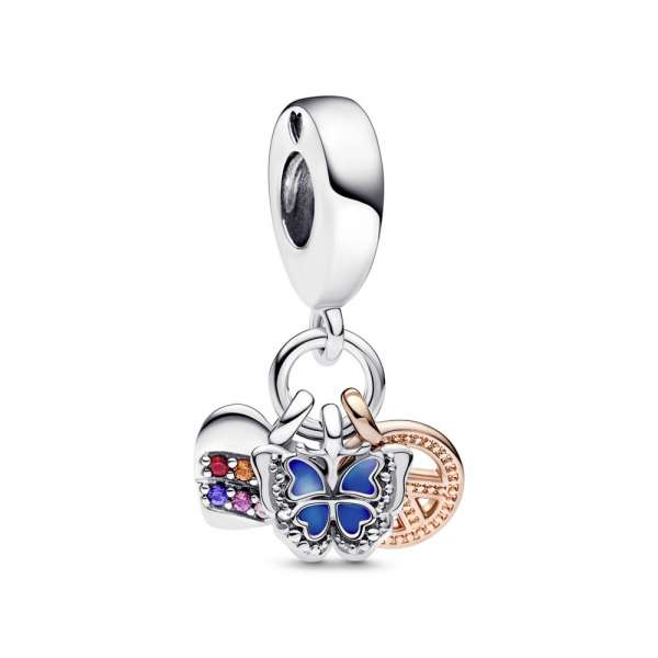 Two-Tone Rainbow Heart, Butterfly & Peace Triple Dangle Charm 