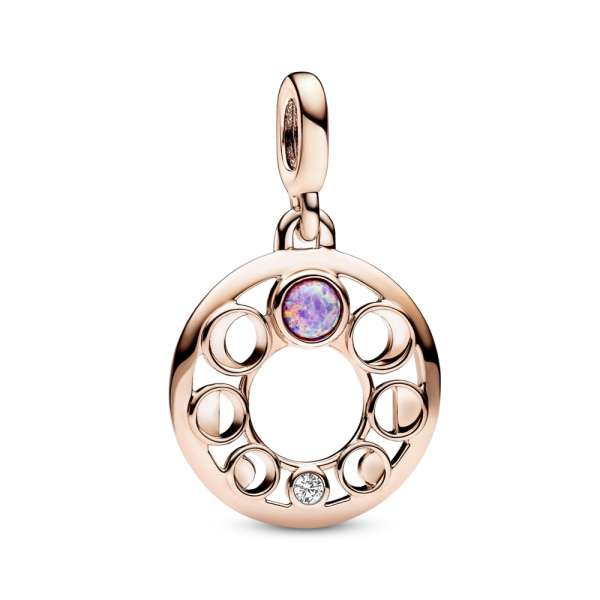 Moon phases 14k rose gold-plated medallion with clear cubic zirconia and pink lab-created opal 