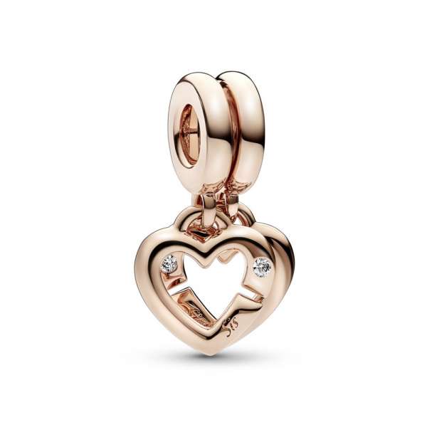 Heart 14k rose gold-plated double dangle with clear cubic zirconia 