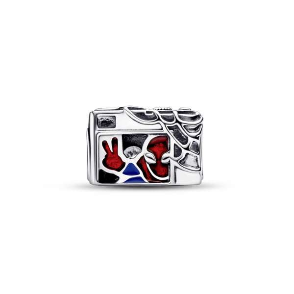 Marvel Spider-Man camera sterling silver charm with clear cubic zirconia, black, blue and transparent red enamel 