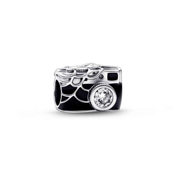 Marvel Spider-Man camera sterling silver charm with clear cubic zirconia, black, blue and transparent red enamel 