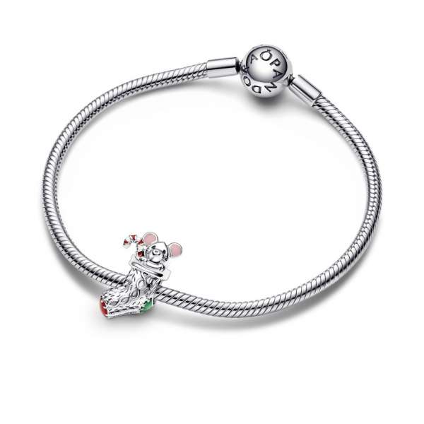 Christmas mouse in a sock sterling silver charm with red, white, dark green and dusty pink enamel 