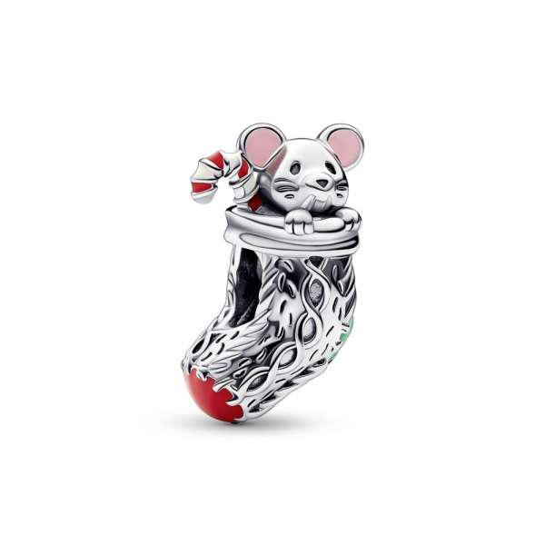 Christmas mouse in a sock sterling silver charm with red, white, dark green and dusty pink enamel 