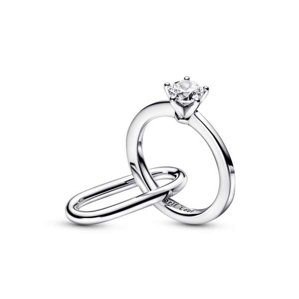 Engagement ring sterling silver link with clear cubic zirconia 