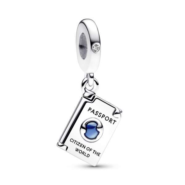 Passport sterling silver dangle with clear cubic zirconia and shaded blue enamel 