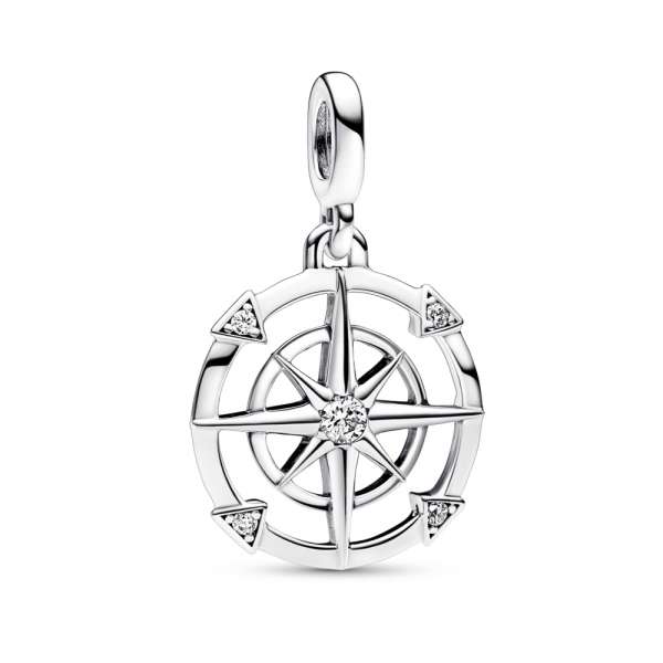 Compass sterling silver medallion with clear cubic zirconia 