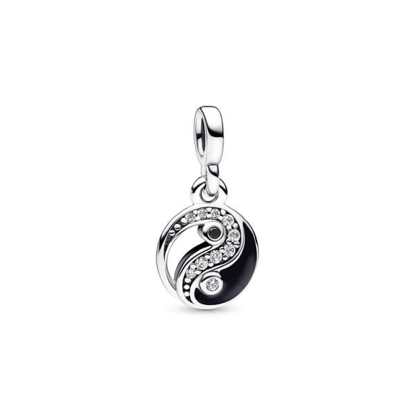 Yin Yang sterling silver mini dangle with clear cubic zirconia, black crystal and black enamel 